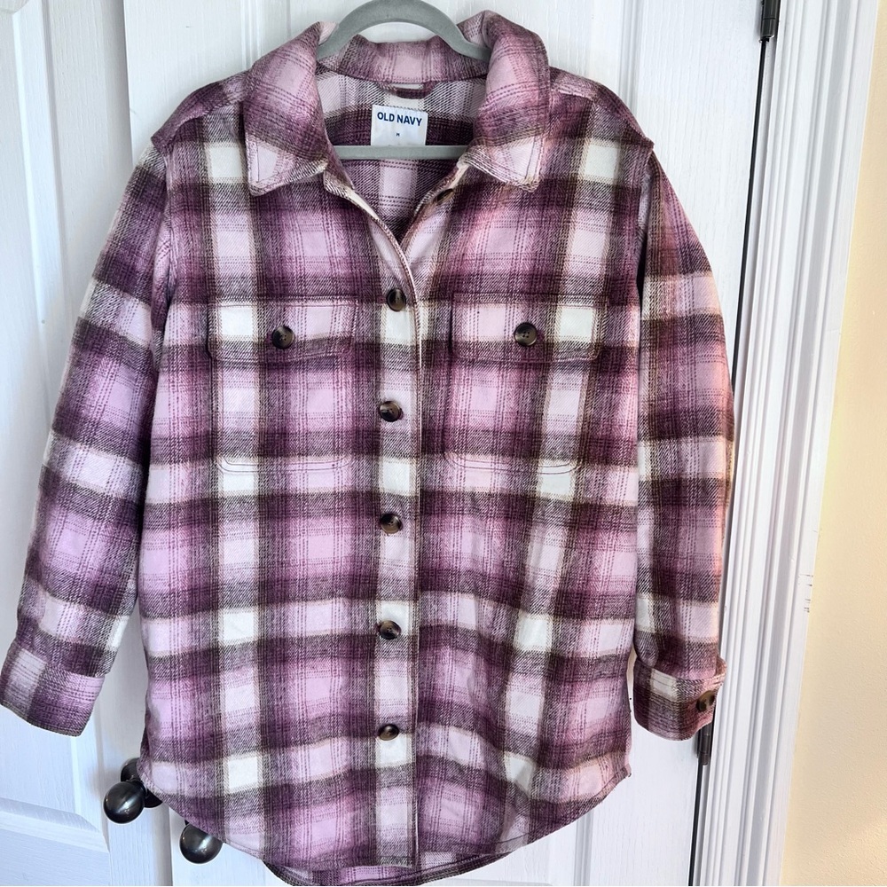 Old Navy Pink Plaid Shirt Jacket Shacket oversized button down cozy flattering